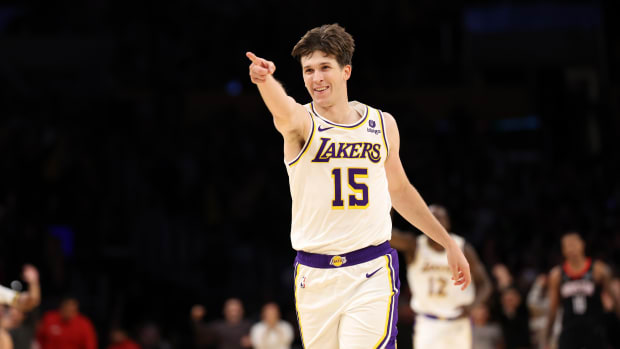 Los Angeles Lakers guard Austin Reaves celebrates after a made shot.
